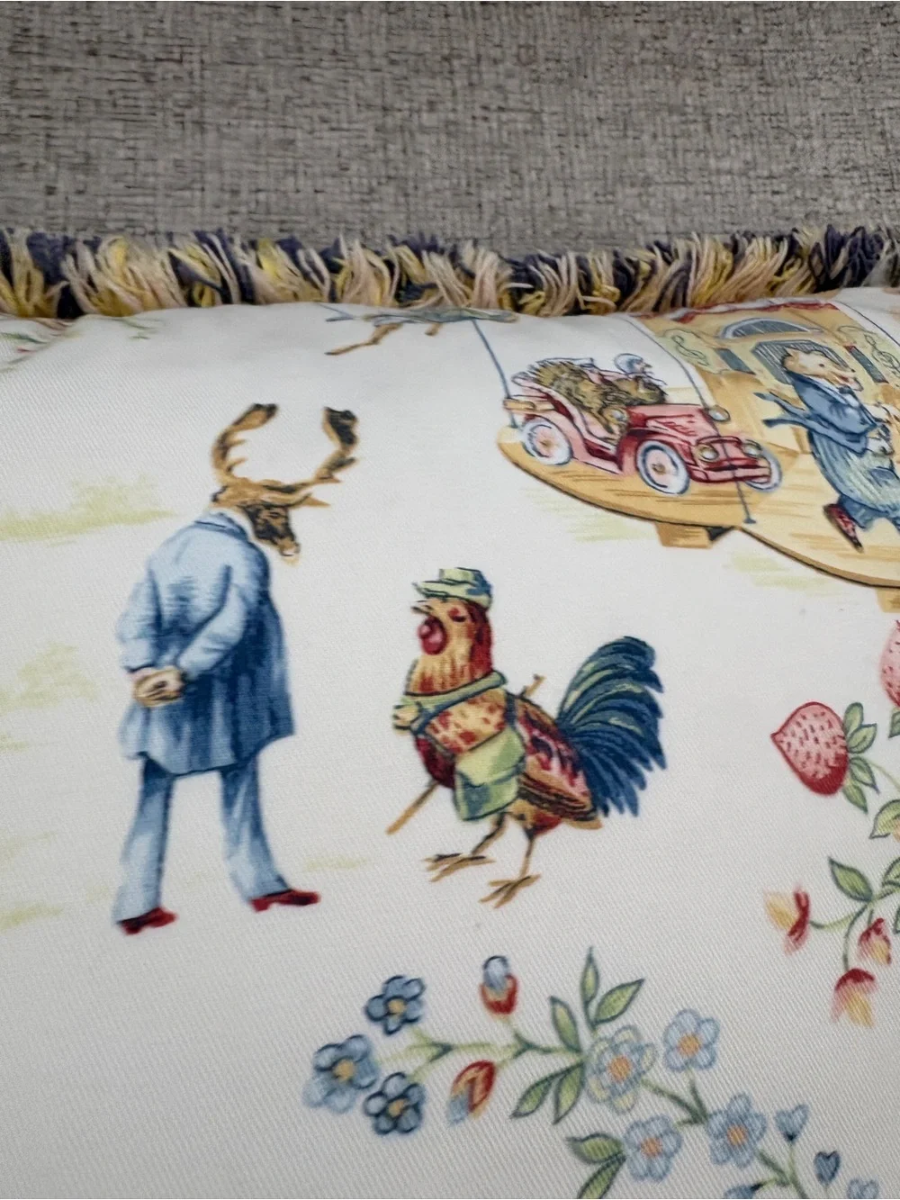 Vintage Storybook Animal Toile Feather Filled Fringe Pillow 17x17